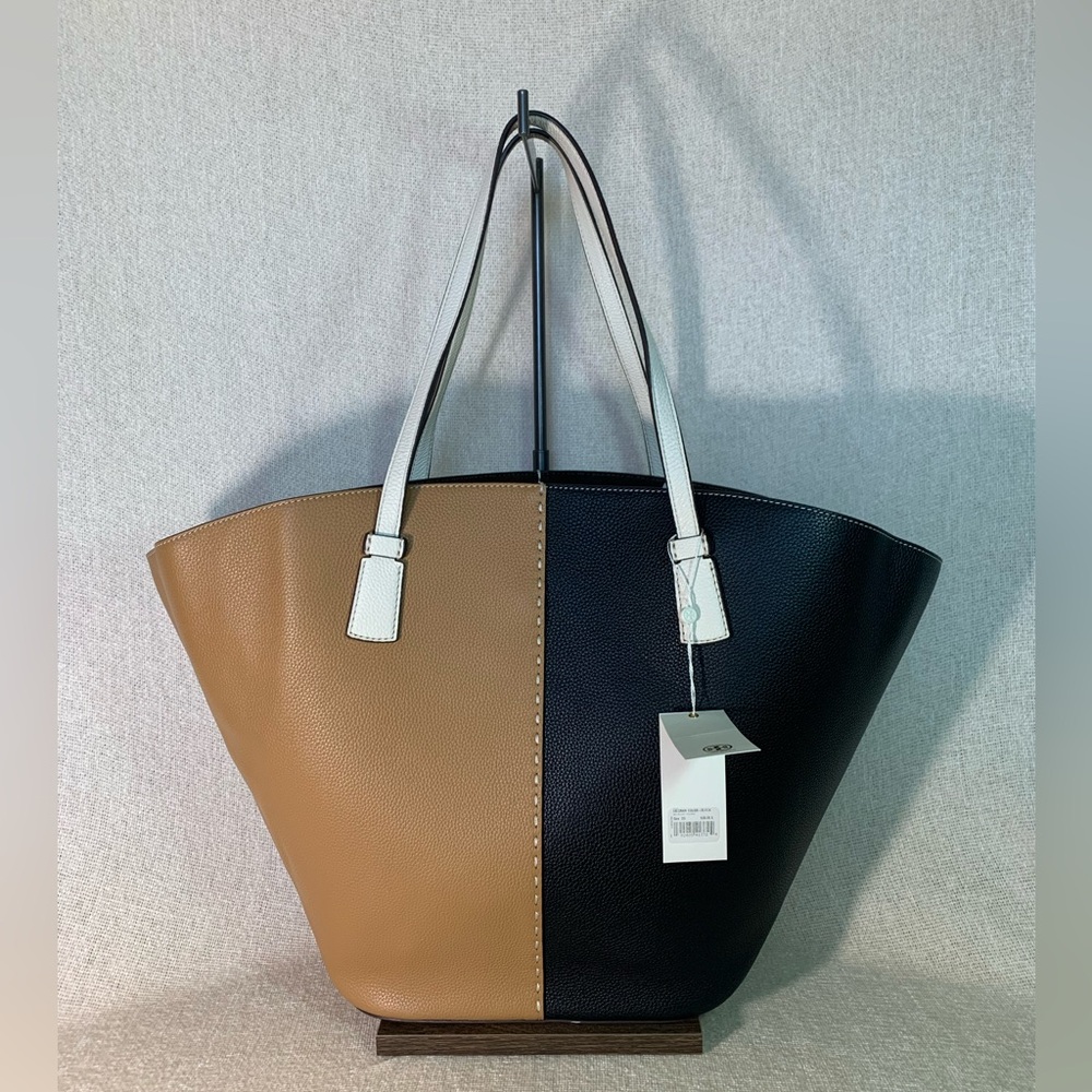 NEW Tory Burch McGraw Tiramisu Tan/Black Color Block Large Leather Tote Bag - Picture 3 of 14